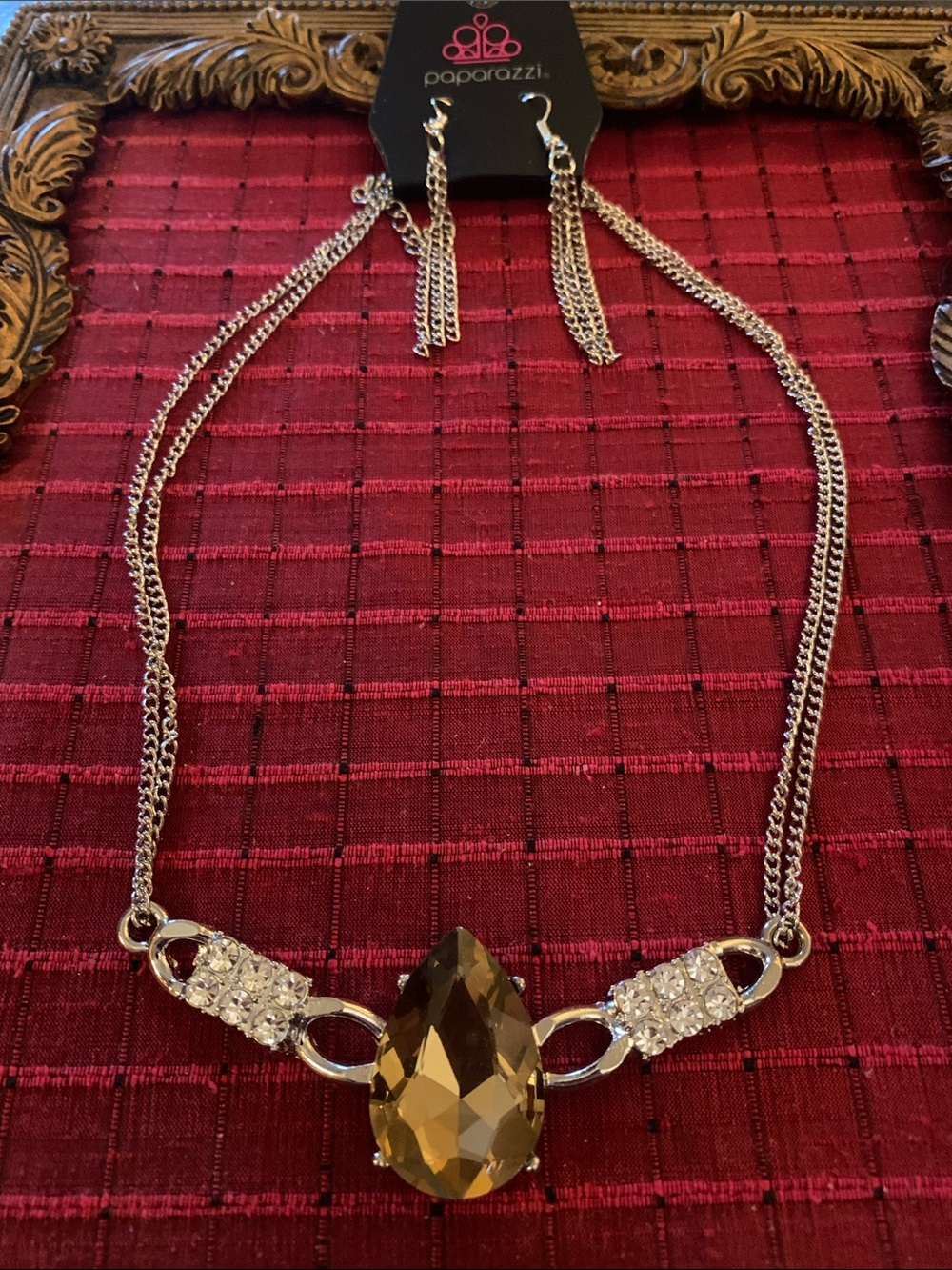 paparazzi Gold Teardrop Amber Crystal Necklace with Rhinestone Accents